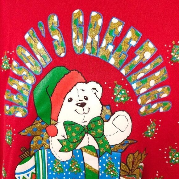 Christmas Teddy Bear Sweatshirt Mens Size Large Vintage 90s Made In USA - Picture 2 of 6